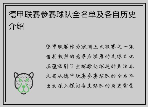 德甲联赛参赛球队全名单及各自历史介绍