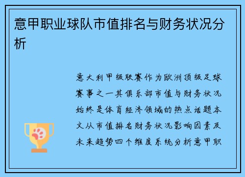意甲职业球队市值排名与财务状况分析